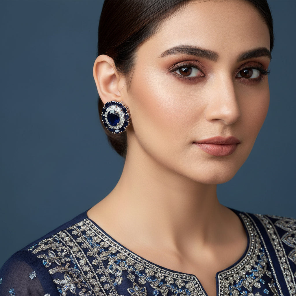 Pair of earrings with dark gemstones and clear stones on a red background