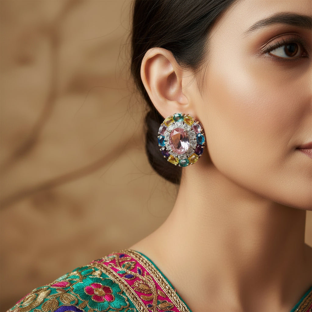 Pair of earrings with multicolored gemstones on a red background