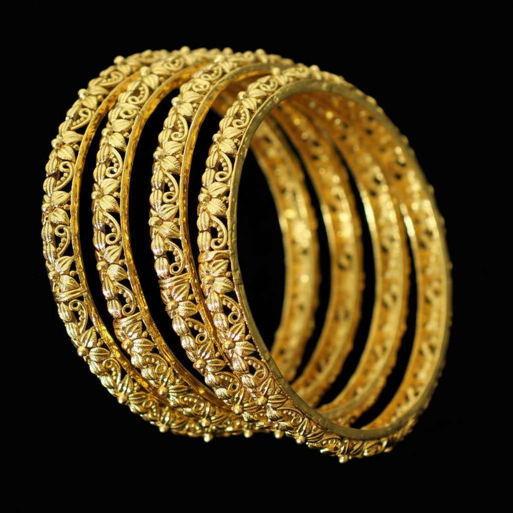 Gold bangles on a stand with 'SAHELI' branding.