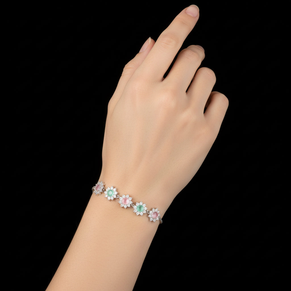 Bracelet with floral charms on a brown background