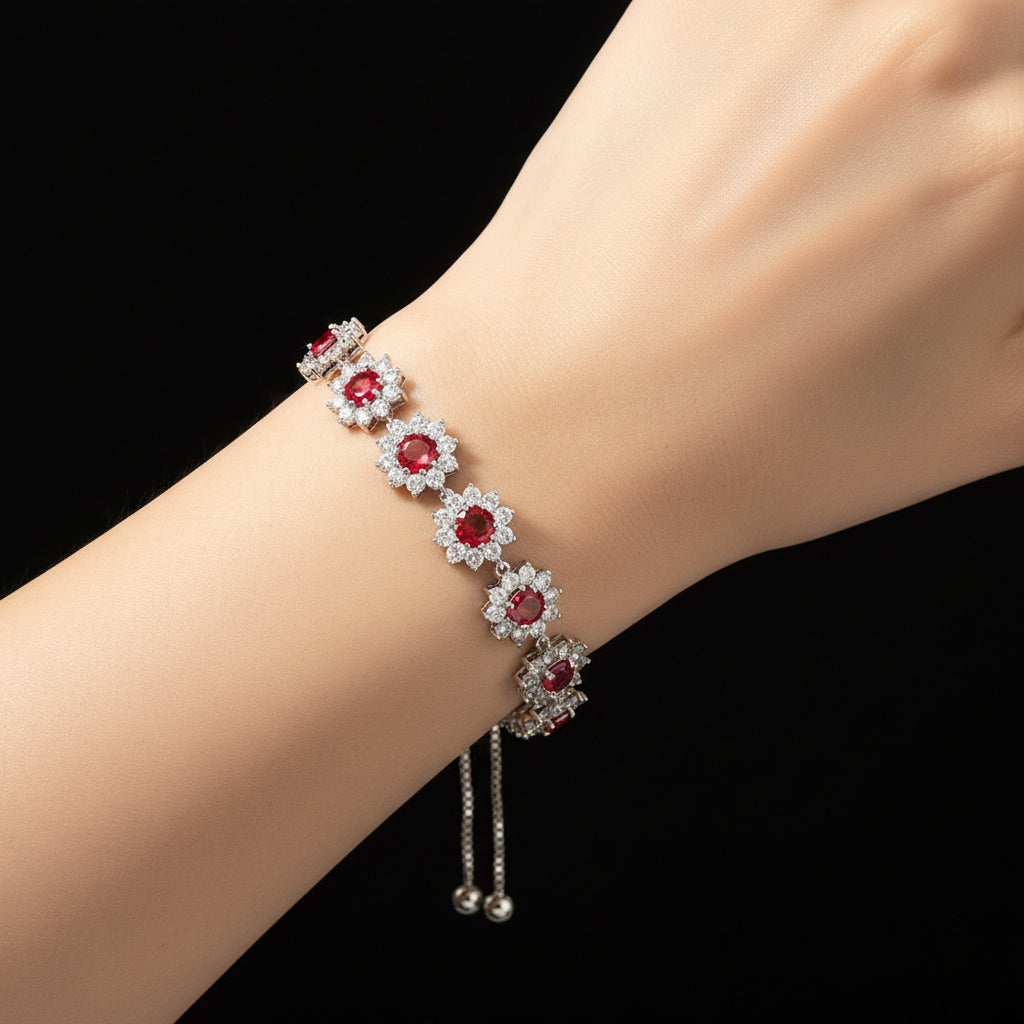 Bracelet with red and white flower-shaped beads on a brown background