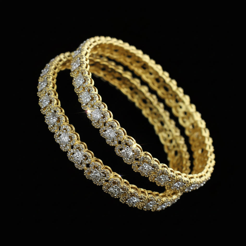 Gold bracelet with diamonds on a black background, branded 'Saheli'.