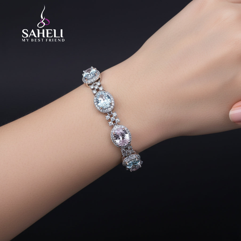 Diamante bracelet on a black stand with 'SAHELL' branding.