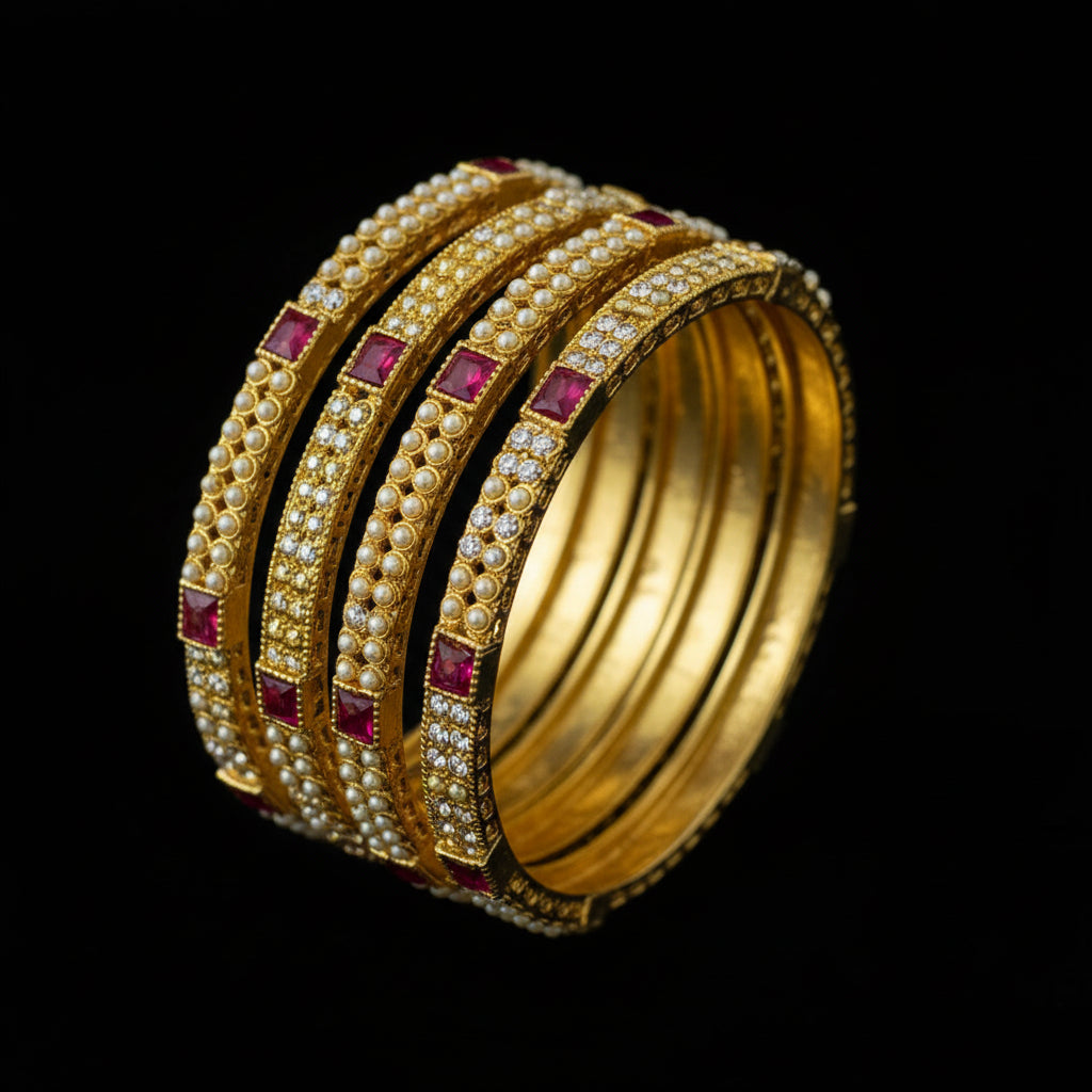 Gold bangles with red stones on a black stand, branded 'Saheli'.