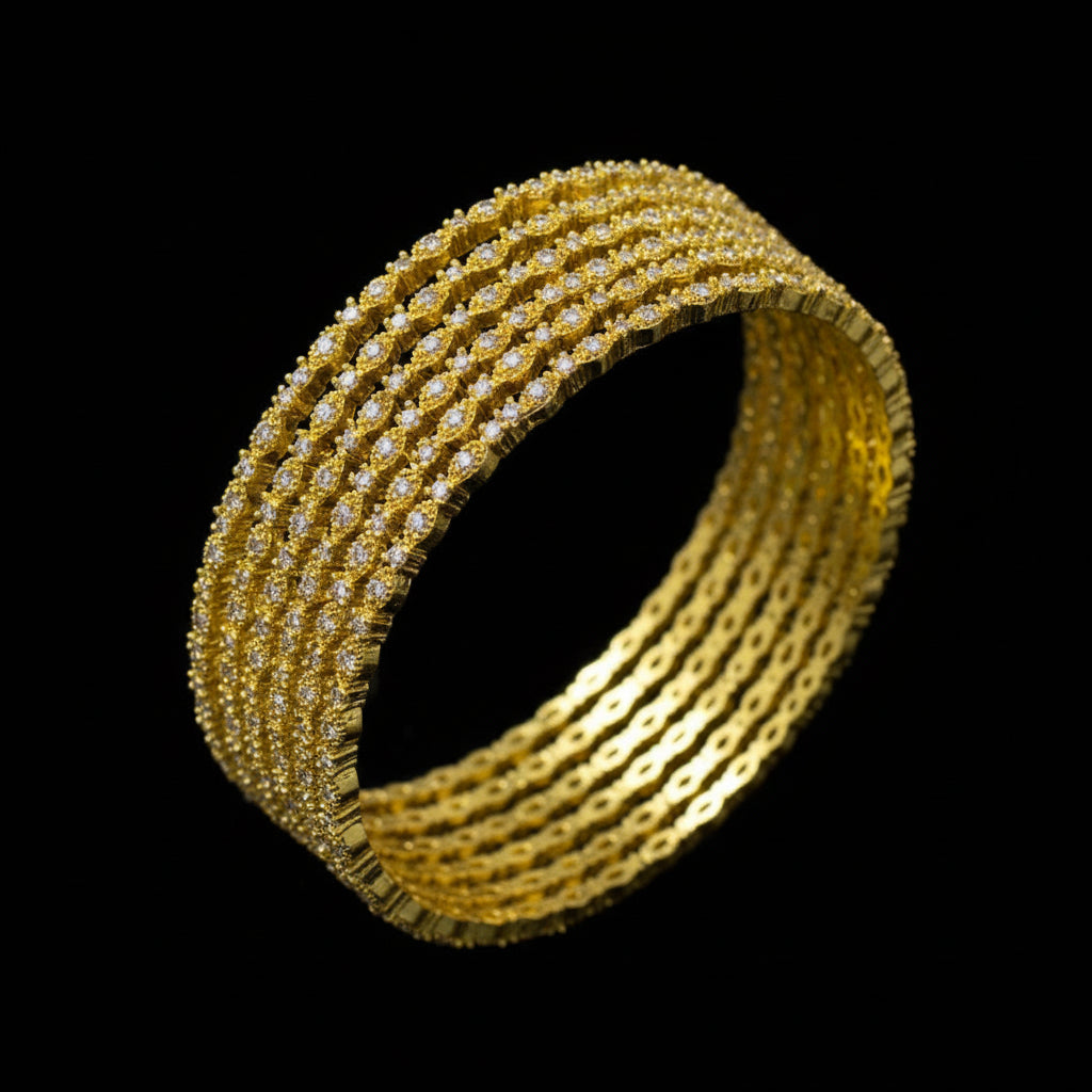 Gold bracelet with diamond accents on a black background, branded 'Saheli by Neha Malik'.