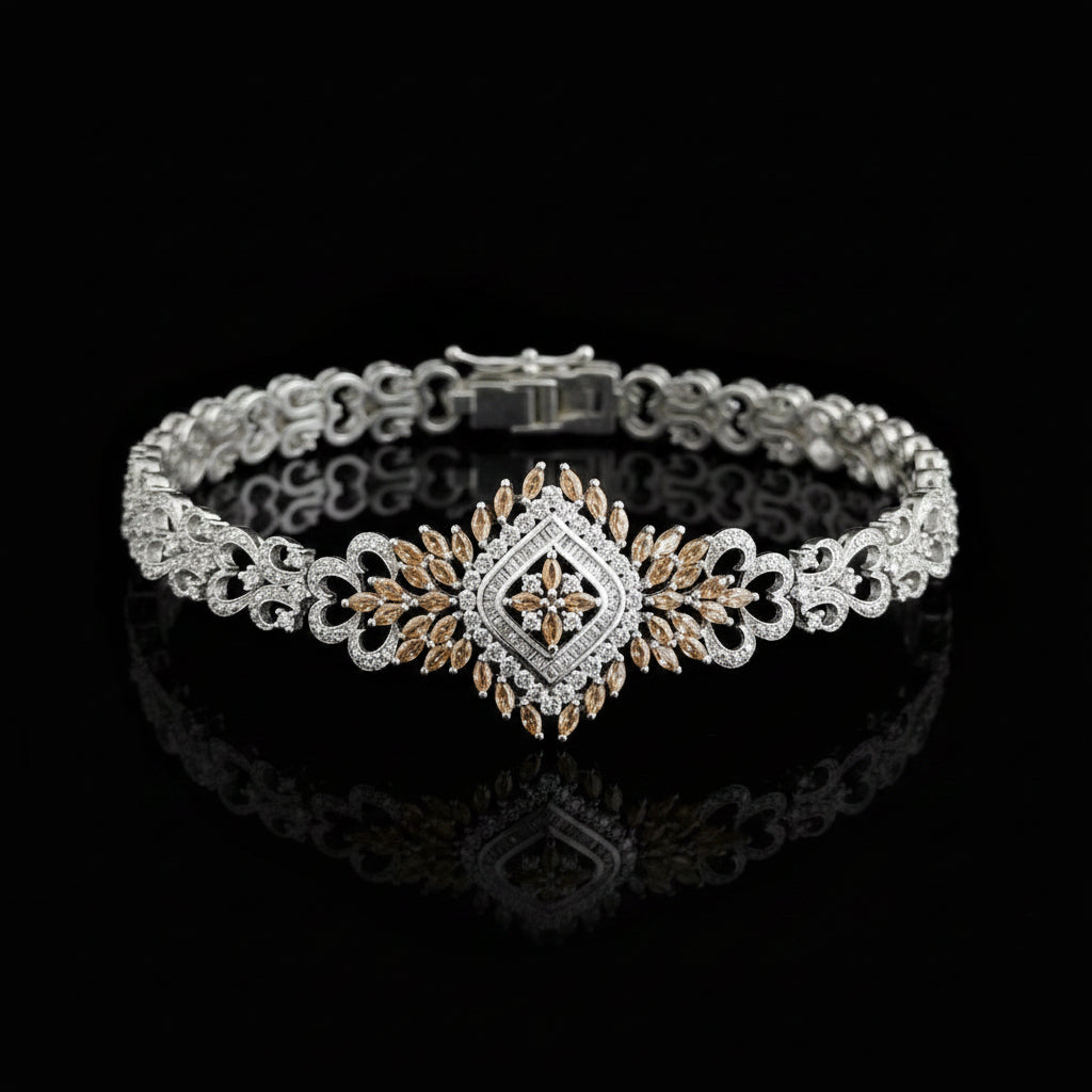 Jewelry necklace with intricate design on a dark background, featuring the brand 'Saheli'.