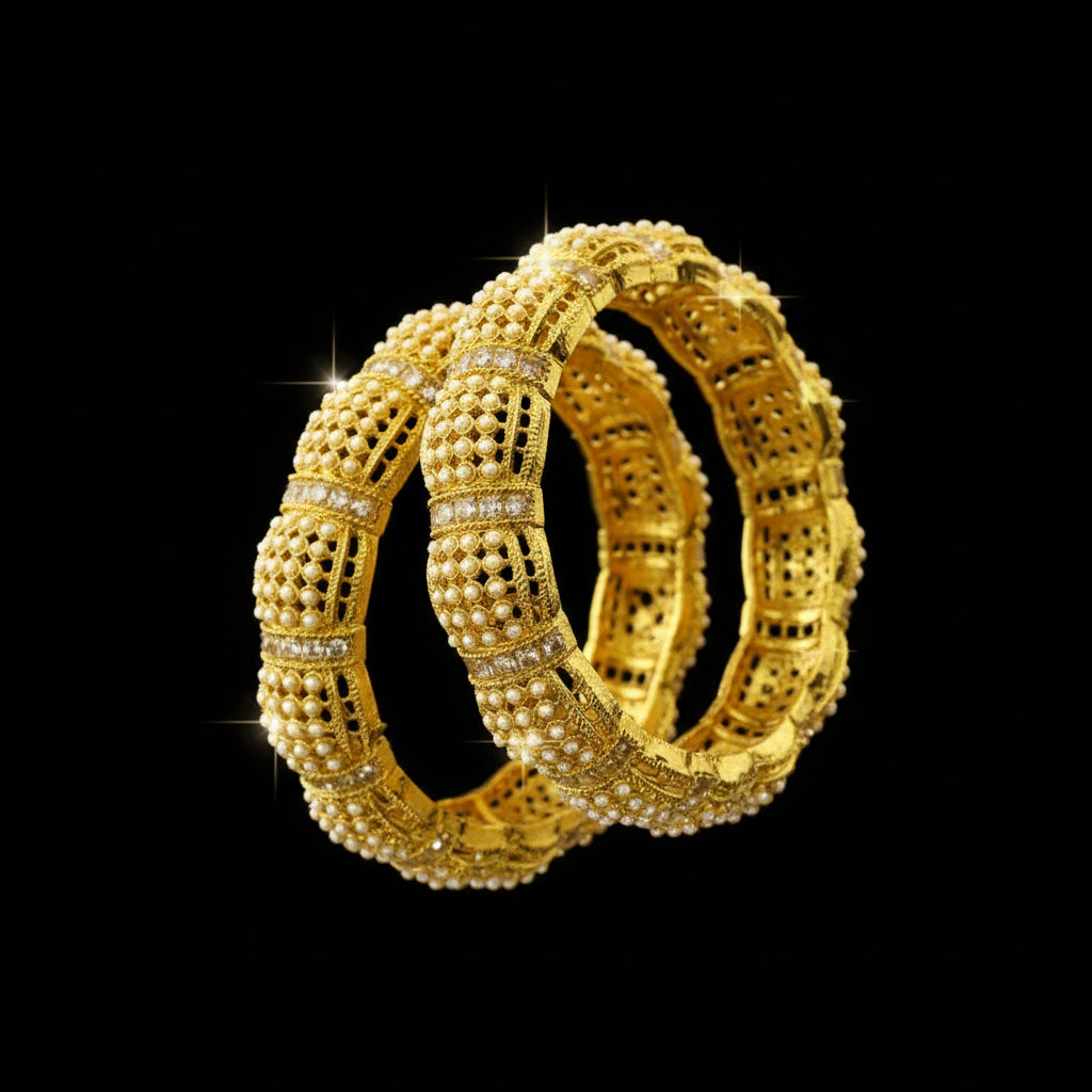 Gold bracelet on a reflective surface with 'Saheli' branding.