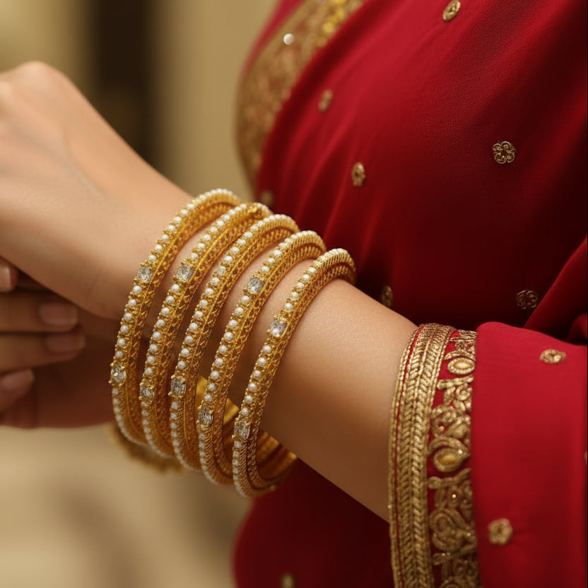 Set of gold bangles with pearl detailing on a dark surface, branded 'SAHELI'.