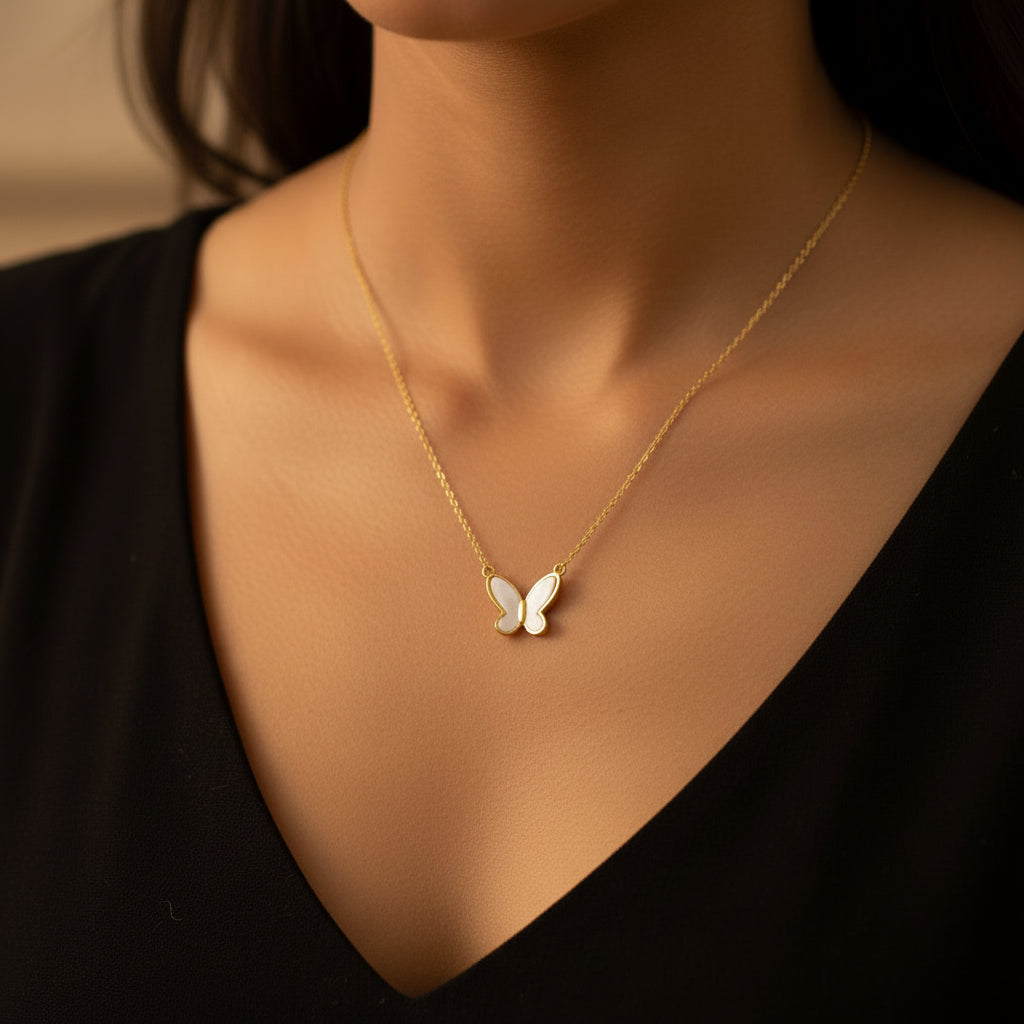 Gold necklace on a gray card with 'Fashion Jewelry' text against a black background