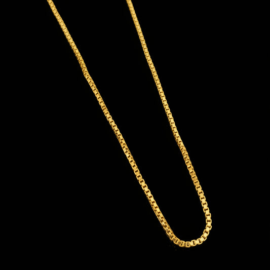Gold chain necklace on a gray background with 'SAHELI' branding.