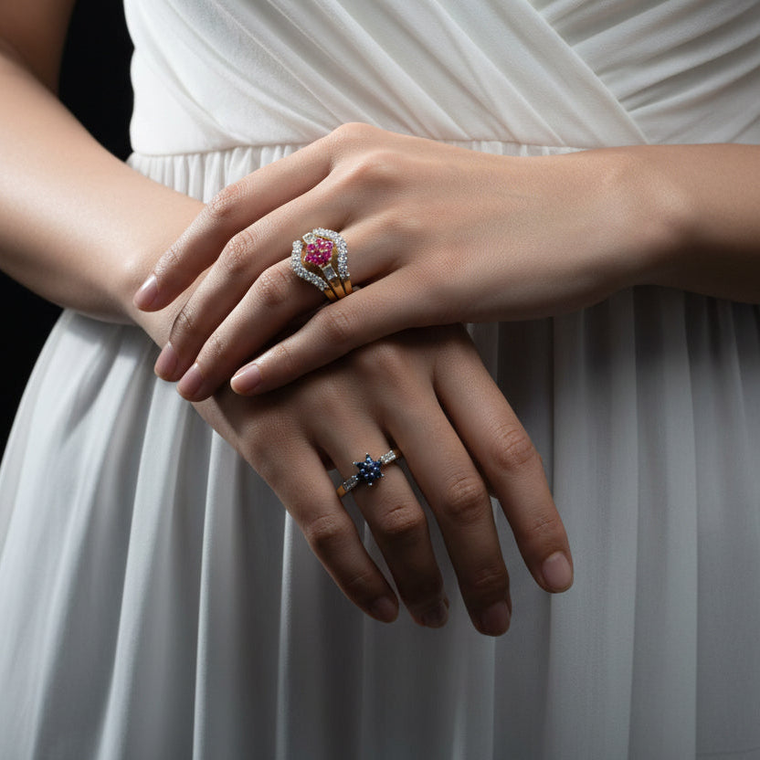 Two gold rings with gemstones on a gray background, featuring the brand 'SAHELI'.