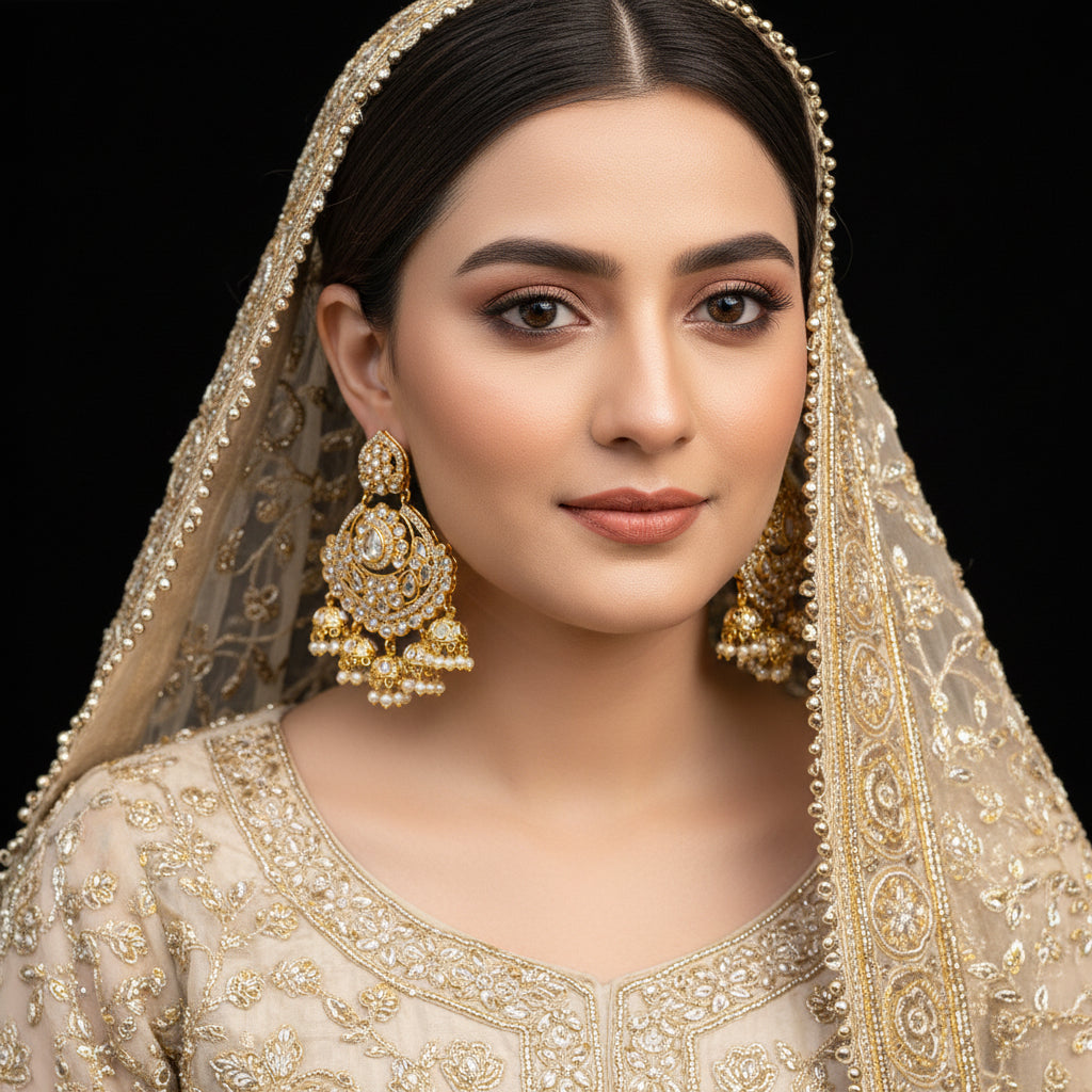 Ornate gold earrings with pearls on a black background, featuring the brand 'Saheli'.