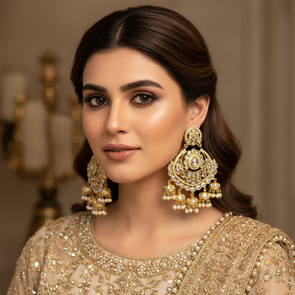 Ornate gold and pearl earrings on a dark background with 'Saheli' branding.