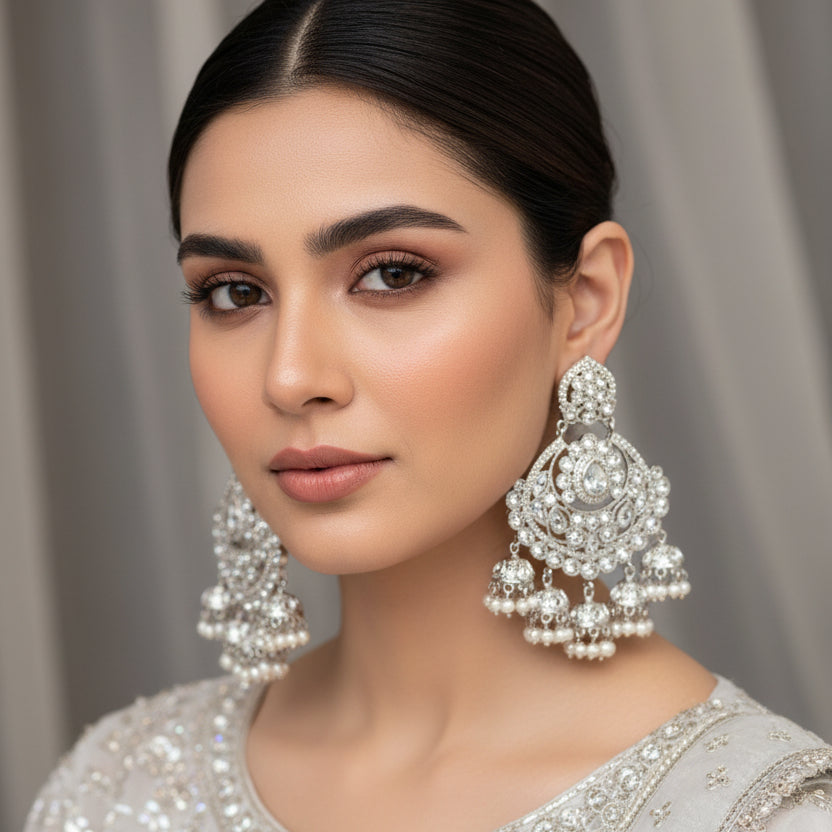 Ornate silver earrings with pearls on a dark background, branded 'Saheli'.