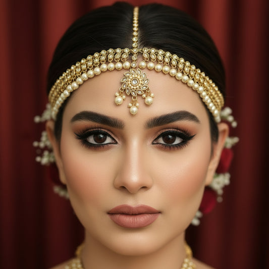Gold necklace with pendants on a black background, featuring the brand 'SAHELI'.