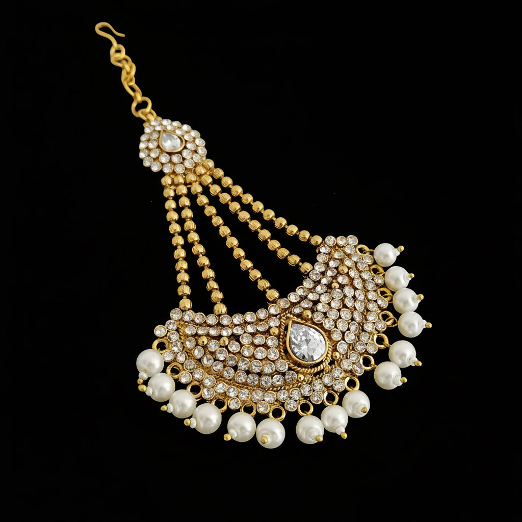 Gold and pearl necklace with 'SAHELI' branding on a dark background