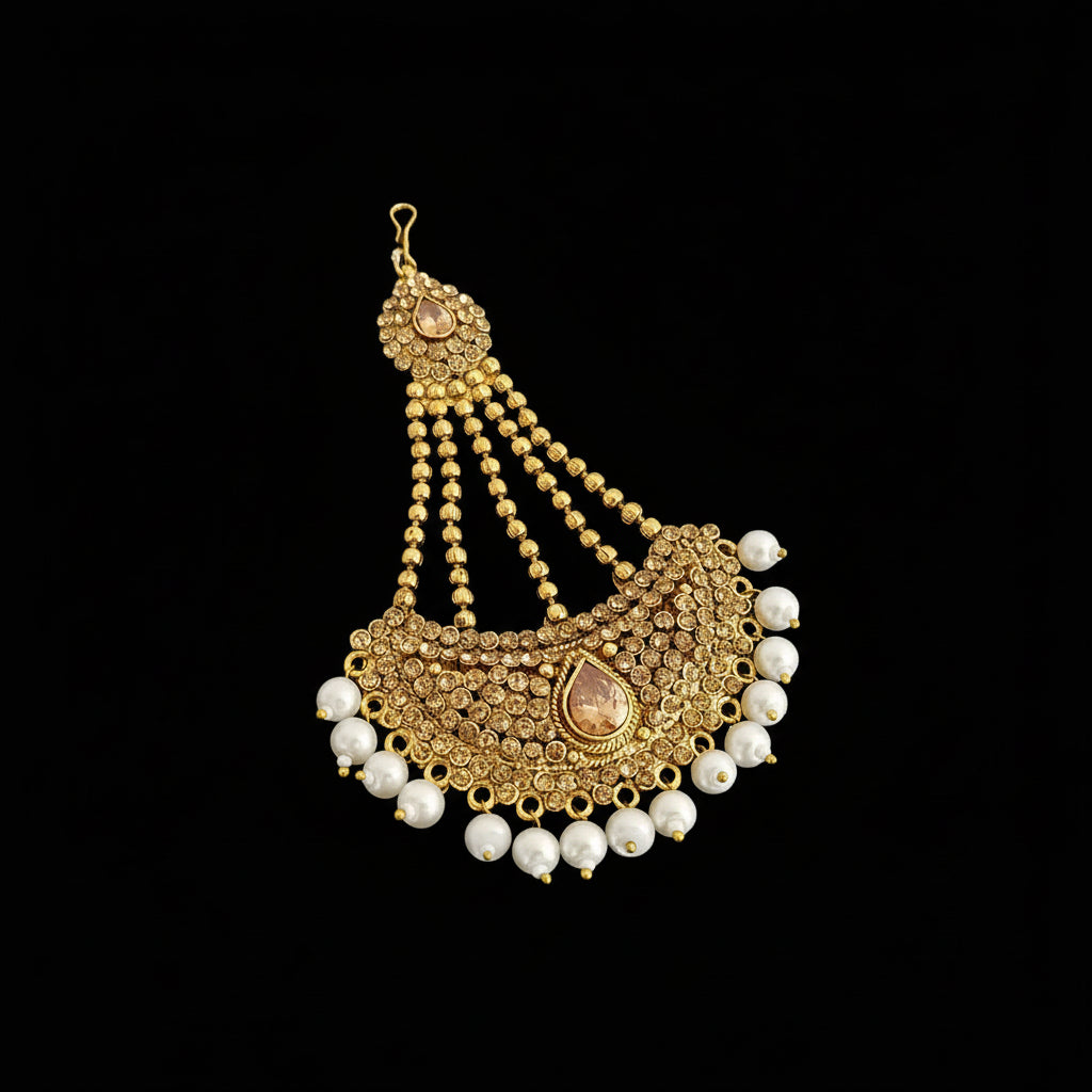 Gold and pearl necklace with 'SAHELI' branding on a dark background