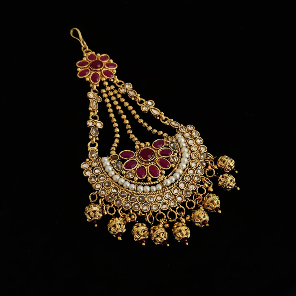 Gold and red gemstone necklace on a black background