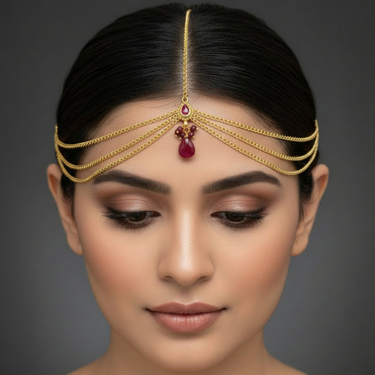 Gold necklace with red gemstones on a dark background, featuring the brand 'SAHELI'.