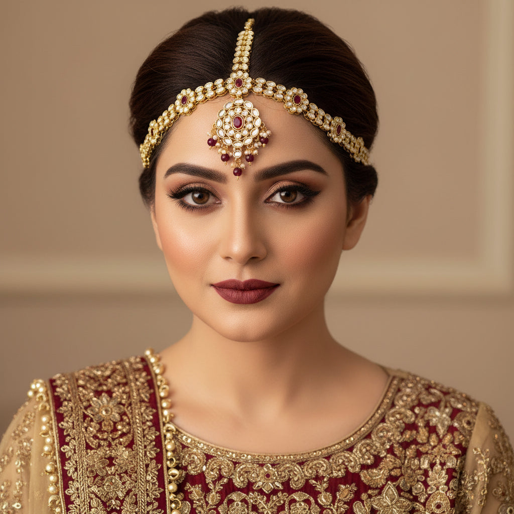 Gold necklace with red gemstones on a dark background, branded 'Saheli'.