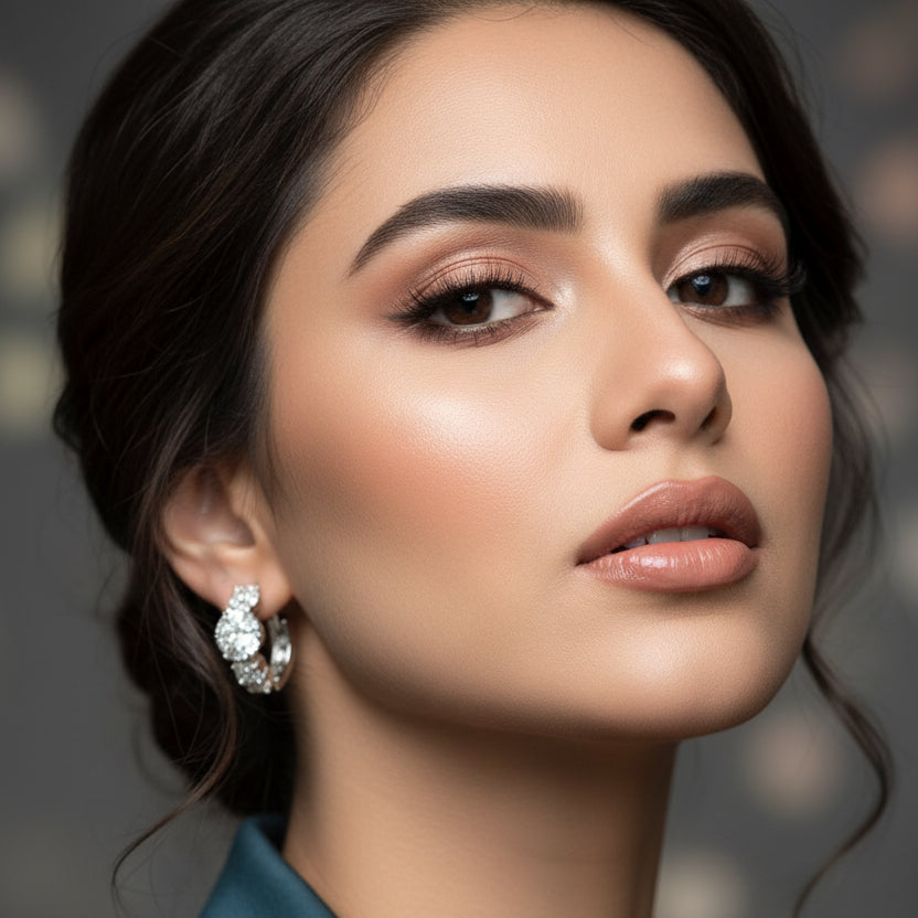 Pair of diamond earrings on a dark background with 'SAHELI' branding.