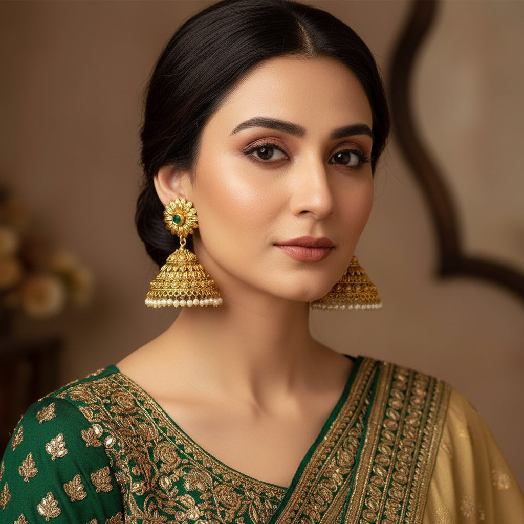 Gold and pearl earrings on a stand with 'Saheli' branding.