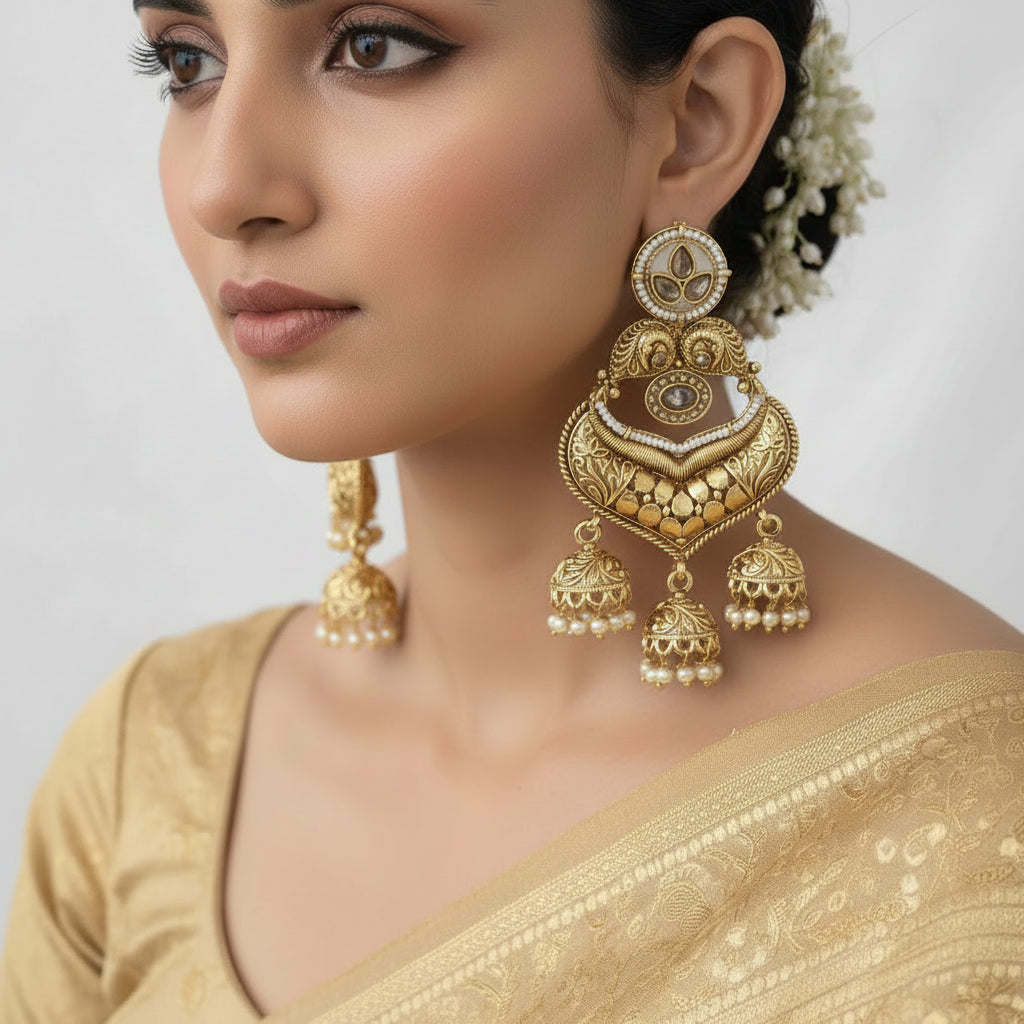Ornate gold earrings with intricate designs on a textured black and gray background.