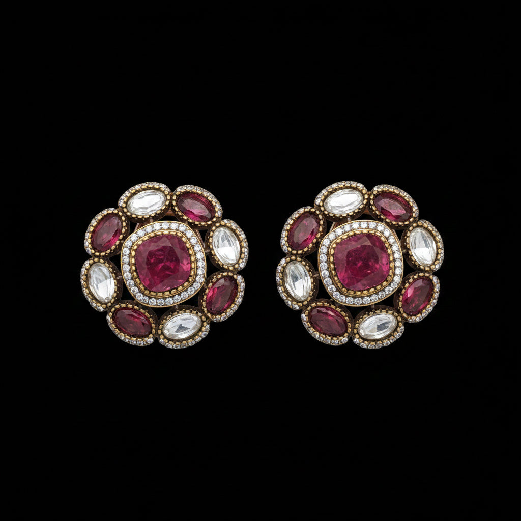 Jewelry earrings with red and white stones on a light gray background, SJNX-CODE-R-135.