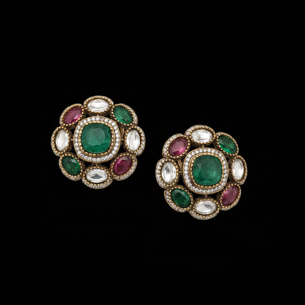 Decorative earrings with gemstones on a light gray background, SJNX-CODE-R-135.