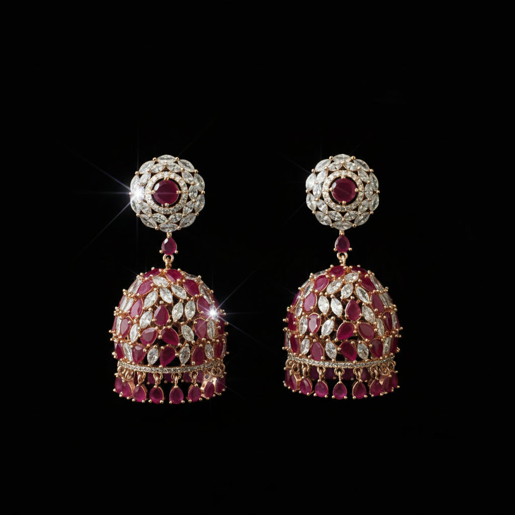 Pair of ornate earrings with red gemstones and gold accents on a black background