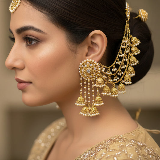 Gold necklace and earrings set with 'Saheli' branding on a dark background
