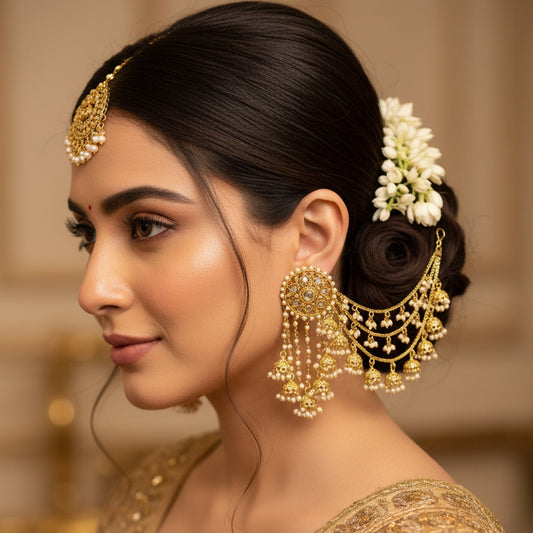 Gold necklace and earrings set with 'SAHELI' branding on a dark background