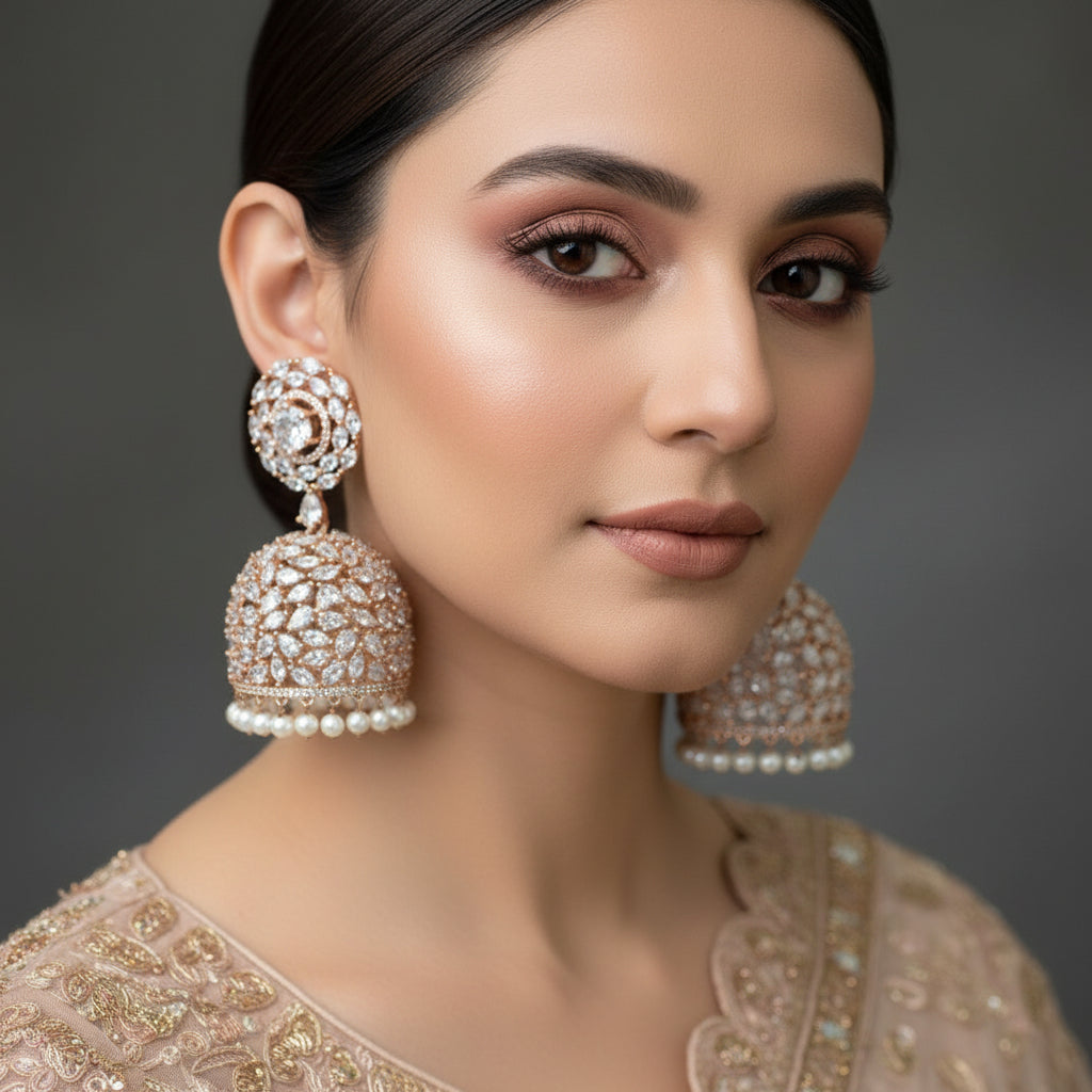 Pair of ornate earrings with gemstones and pearls on a dark background
