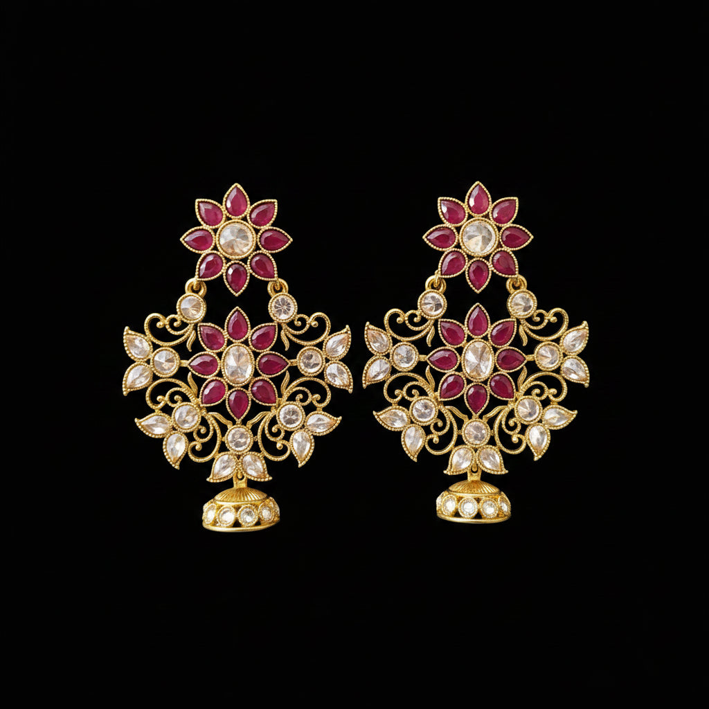 A pair of gold-toned Indian jhumka earrings with red and white stones, displayed on a gray stand with the brand logo 'SAHELL MY BEST FRIEND' above them.