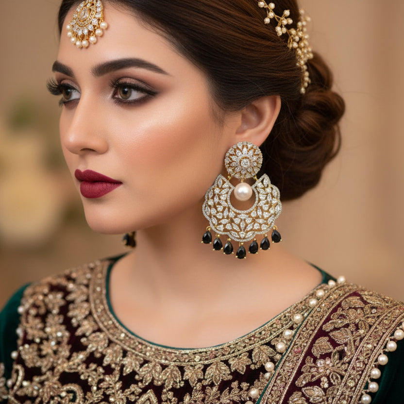 Pair of ornate earrings with pearls and gemstones on a dark background, branded 'Saheli'.