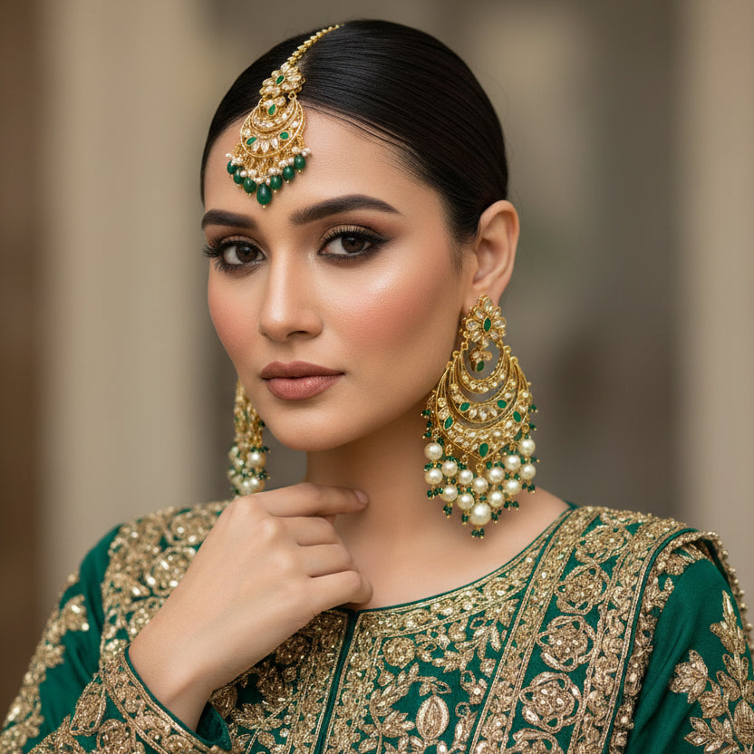 Ornate gold earrings with pearls and green stones on a dark background, featuring the brand 'Saheli'.