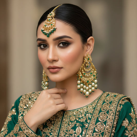 Ornate gold earrings with pearls and green stones on a dark background, featuring the brand 'Saheli'.