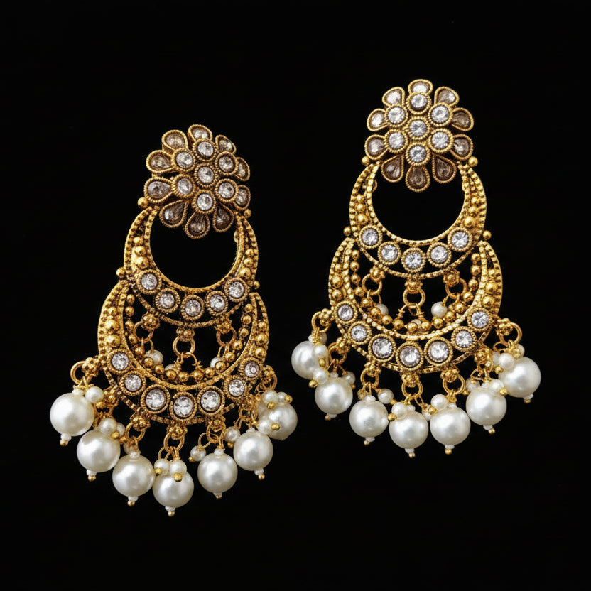 Gold and pearl earrings on a gray background with 'SAHELI' branding.