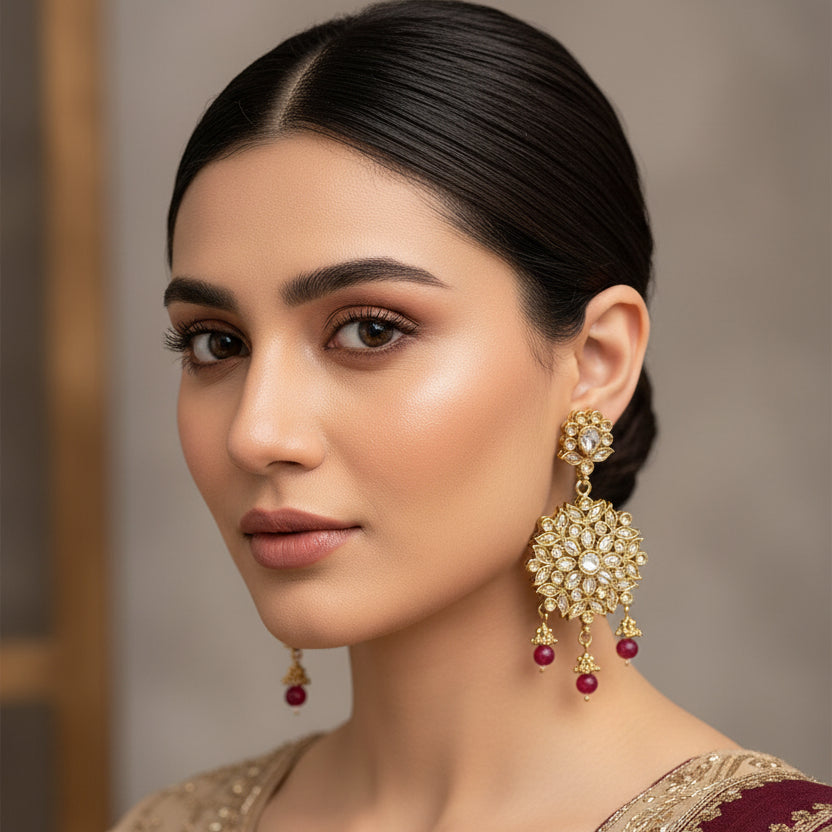 Gold and red earrings on a gray stand with 'SAHELI' branding.