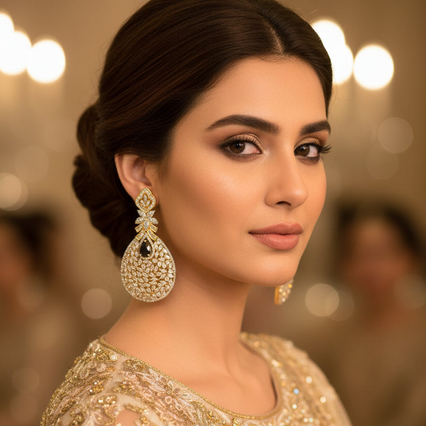 Pair of diamond earrings with gold and silver details on a dark background, branded 'Saheli'.