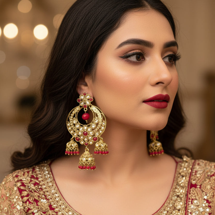 Ornate gold earrings with red stones on a gray stand, branded 'Saheli'.