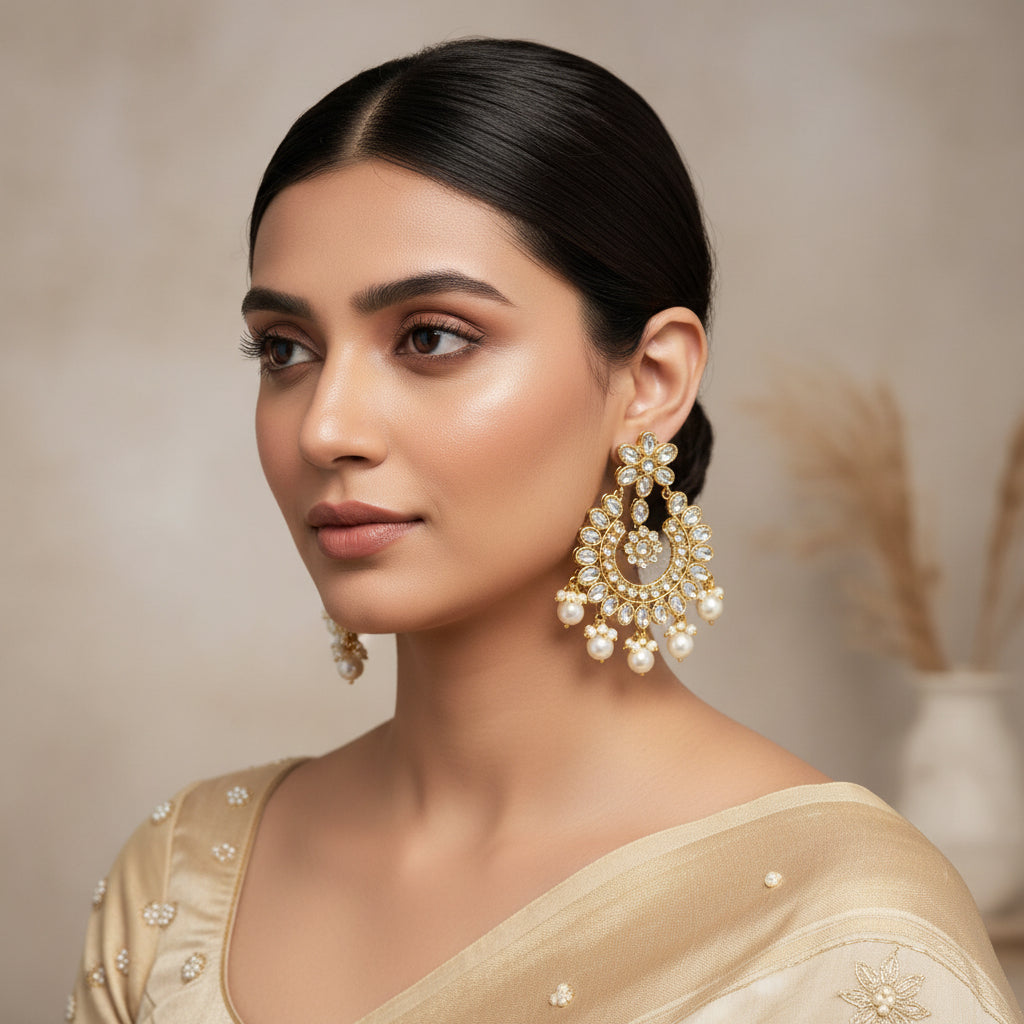 Ornate gold and pearl earrings on a dark background with 'Saheli' branding.