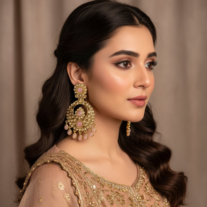 Gold earrings with pink stones on a dark background, branded 'Saheli'.