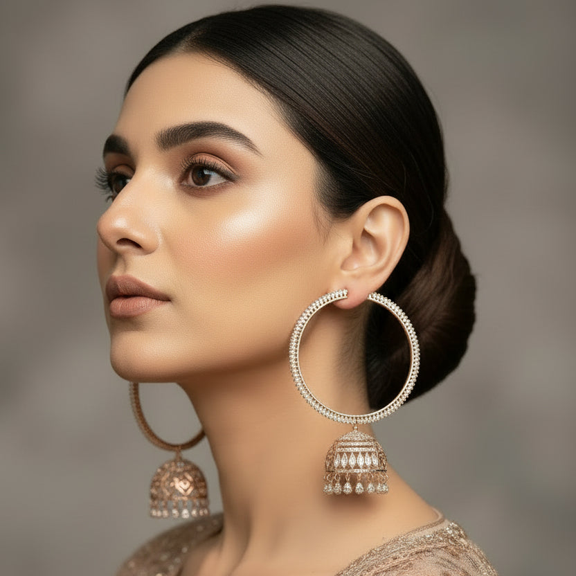 Gold hoop earrings with jhumka designs on a black stand, branded 'SAHELI'.
