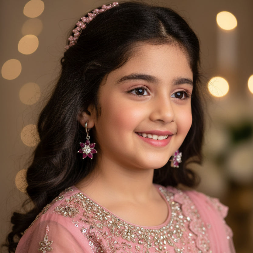Pair of flower-shaped earrings with pink petals and a central gemstone on a dark background