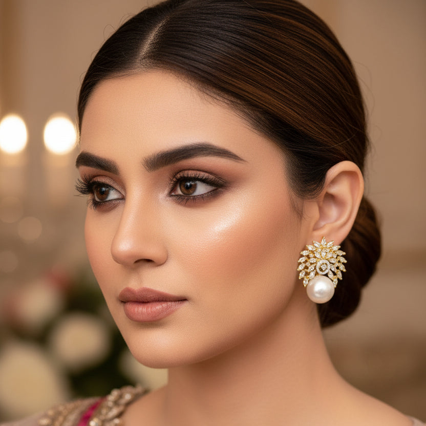 Pair of earrings with gold floral designs and pearl centers on a dark background