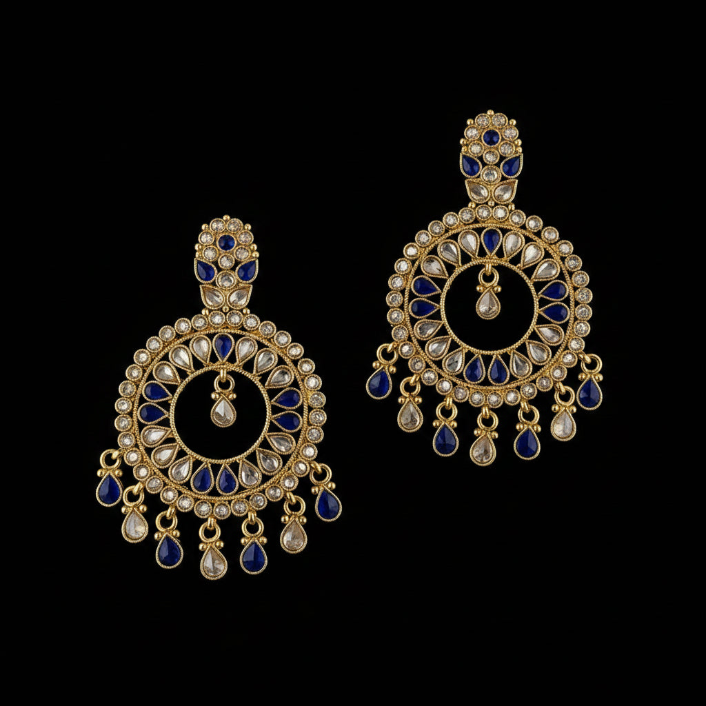 A pair of gold-plated Indian chandelier earrings with deep blue stone accents and clear stones, displayed on a dark reflective surface with the brand logo 'SAHELL MY BEST FRIEND' at the top.