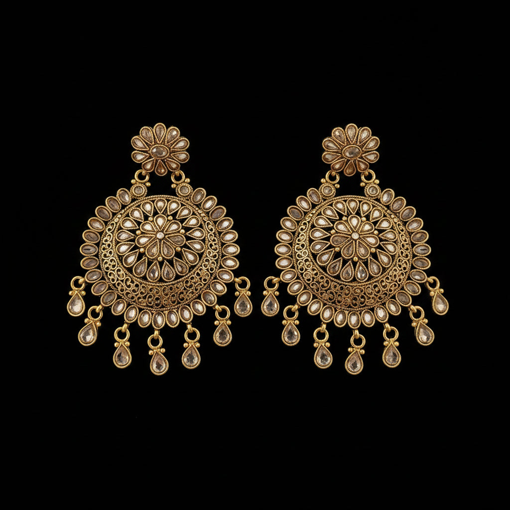 A pair of ornate gold-toned Indian jhumka earrings with intricate filigree work, floral stud tops, and dangling teardrop charms, displayed on a dark gray reflective surface with the Saheli brand logo above.