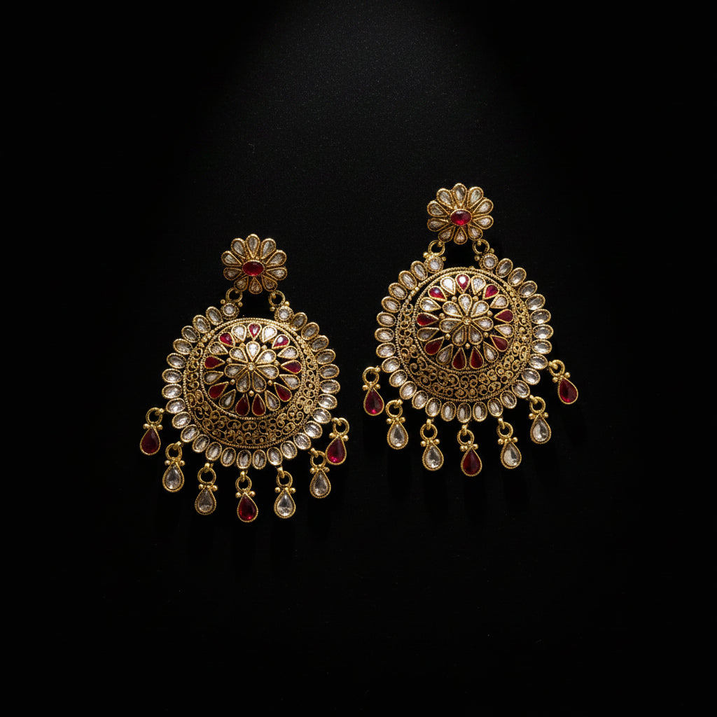A pair of ornate gold-toned Indian jhumka earrings decorated with red enamel and clear stone accents, displayed on a dark gray surface with a 'SAHELI MY BEST FRIEND' logo overlay.