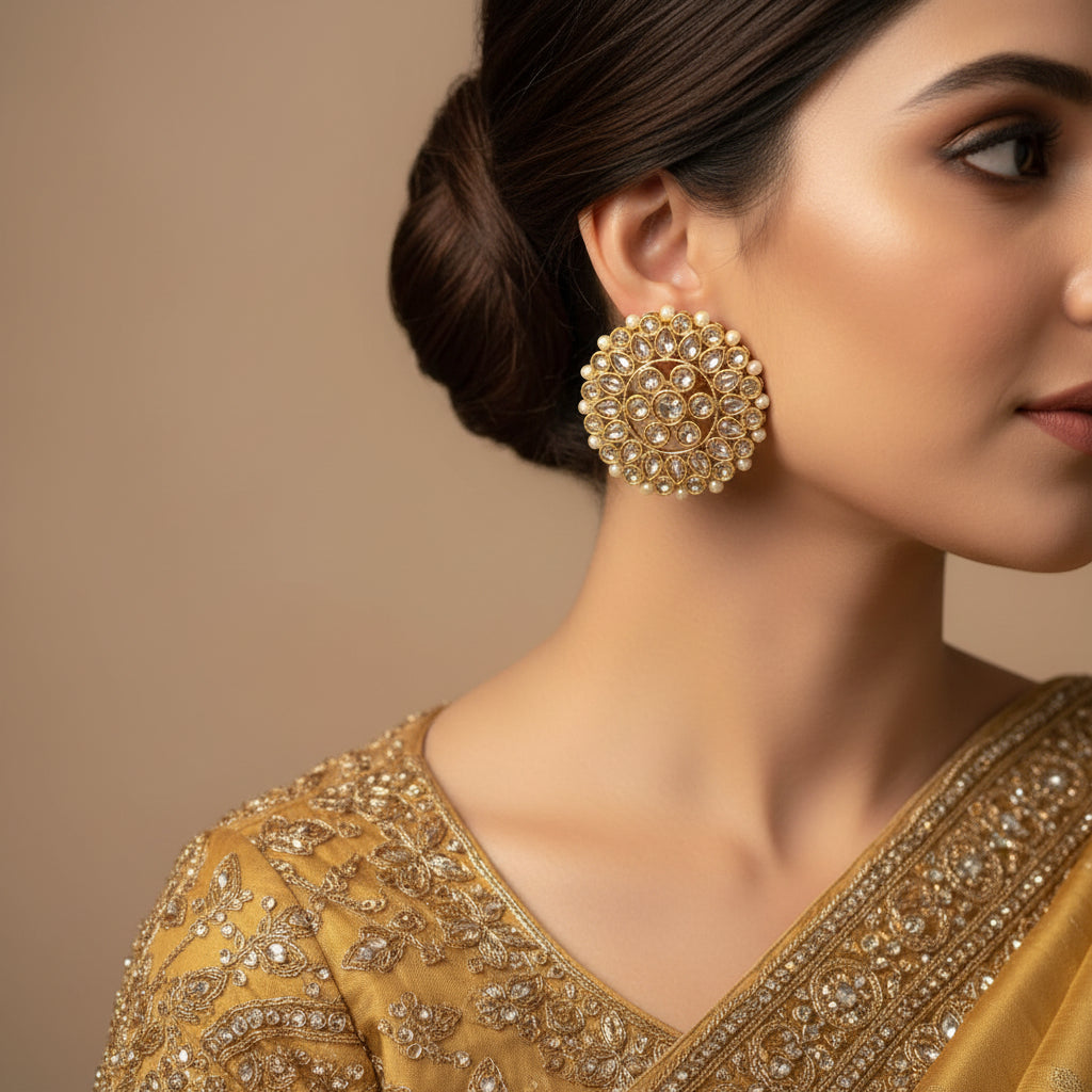 Gold and pearl earrings on a dark background with 'SAHELI' branding.